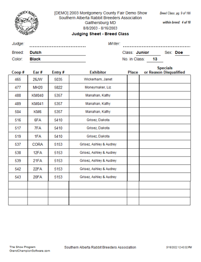 Sample judging sheet - ready for judging